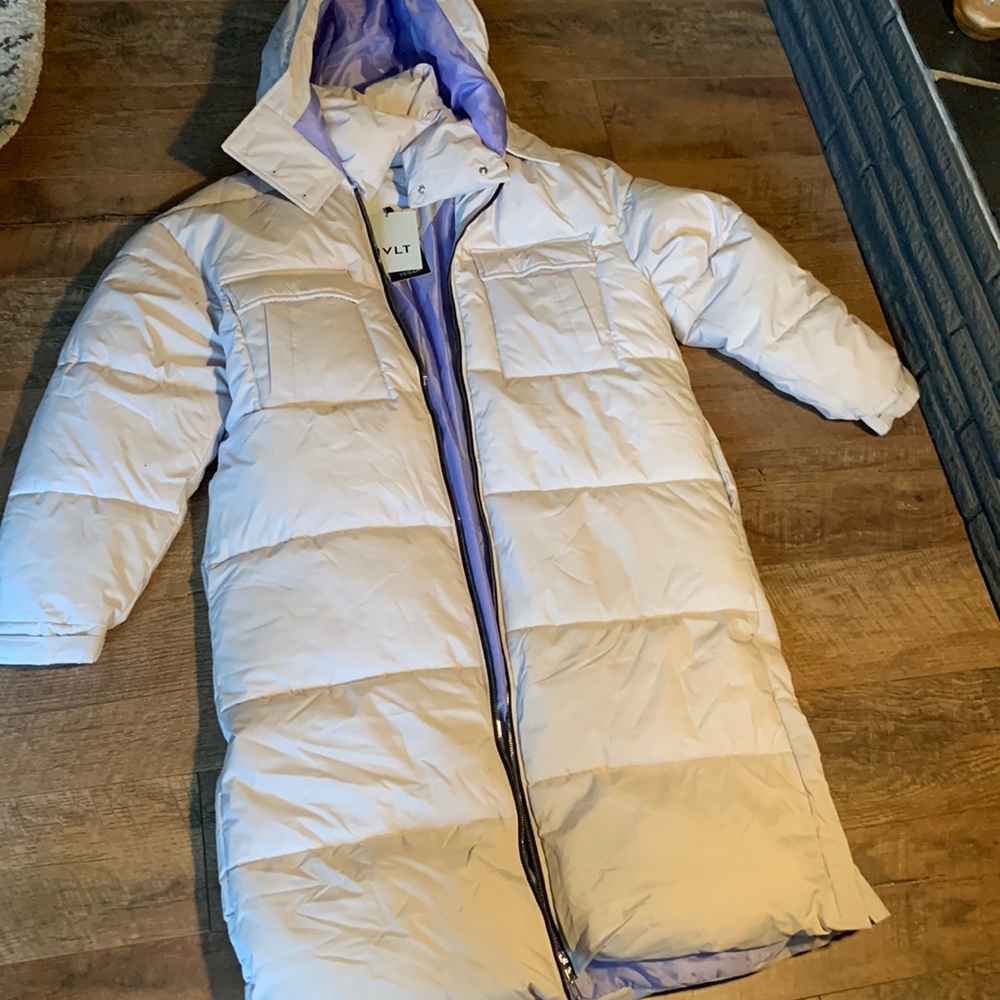 Anthropologie puffer coat by NVLT new with tags grey and lined in purple sz L